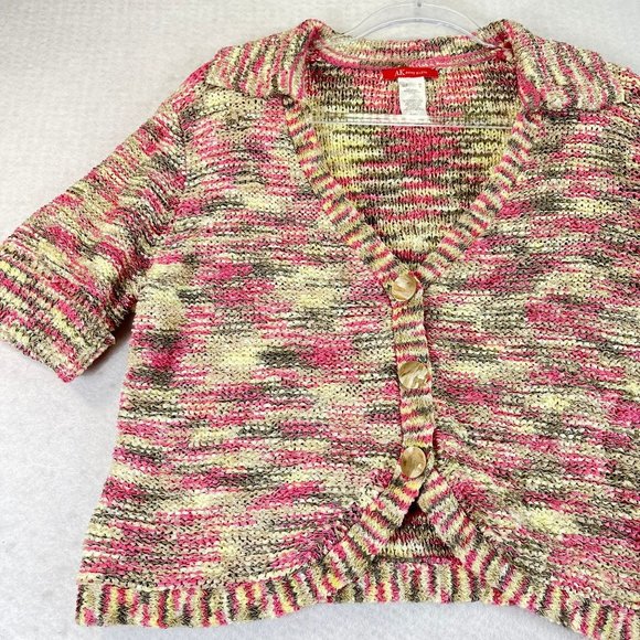 Vintage ANNE KLEIN Womens M Multi Knit Short Sleeve Button Up Cardigan Sweater - Picture 1 of 7